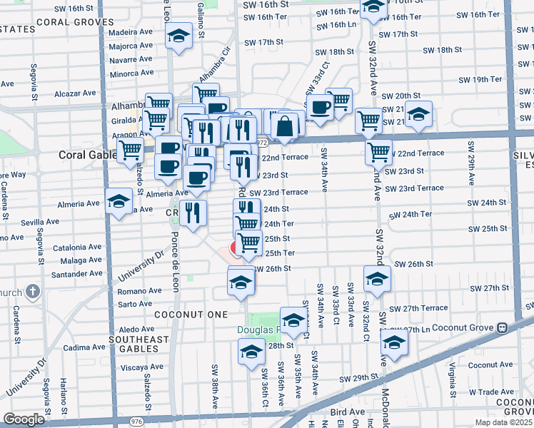 map of restaurants, bars, coffee shops, grocery stores, and more near 3654 Southwest 24th Street in Miami