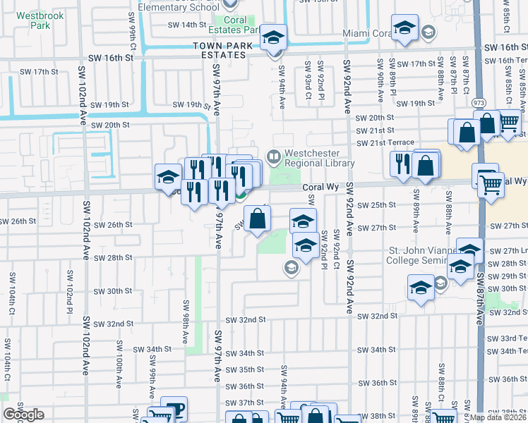 map of restaurants, bars, coffee shops, grocery stores, and more near 9460 Southwest 25th Drive in Miami