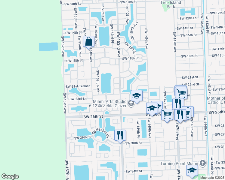 map of restaurants, bars, coffee shops, grocery stores, and more near 2232 Southwest 152nd Place in Miami