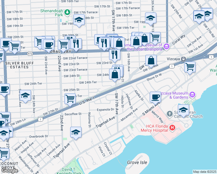 map of restaurants, bars, coffee shops, grocery stores, and more near 1760 Southwest 24th Terrace in Miami