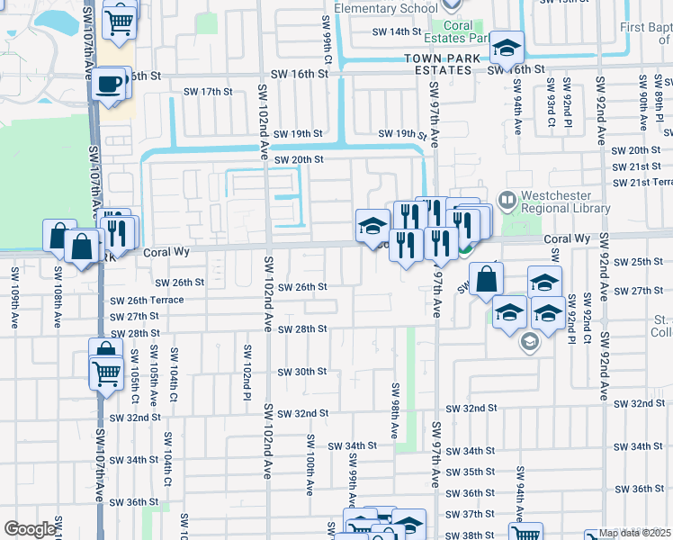 map of restaurants, bars, coffee shops, grocery stores, and more near 2520 Southwest 99th Court in Miami