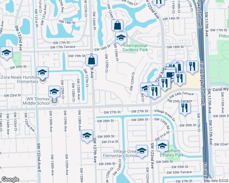map of restaurants, bars, coffee shops, grocery stores, and more near 2411 Southwest 124th Avenue in Miami