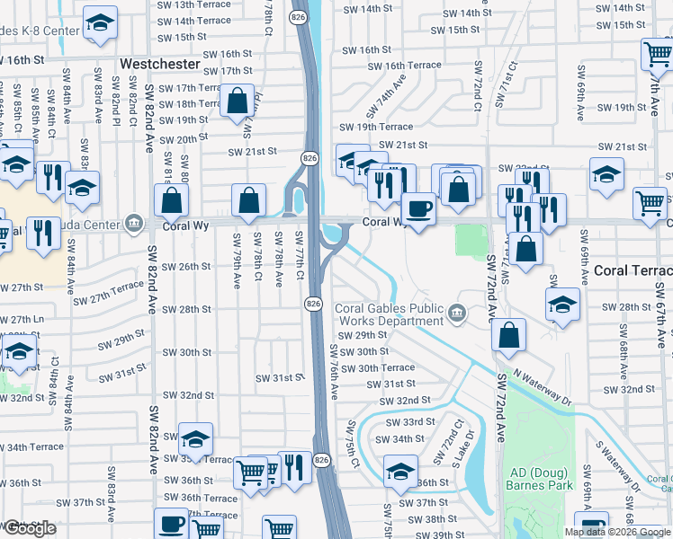 map of restaurants, bars, coffee shops, grocery stores, and more near 7595 Southwest 28th Street Road in Miami