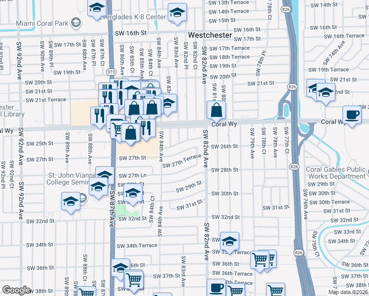 map of restaurants, bars, coffee shops, grocery stores, and more near 8271 Southwest 27th Street in Miami