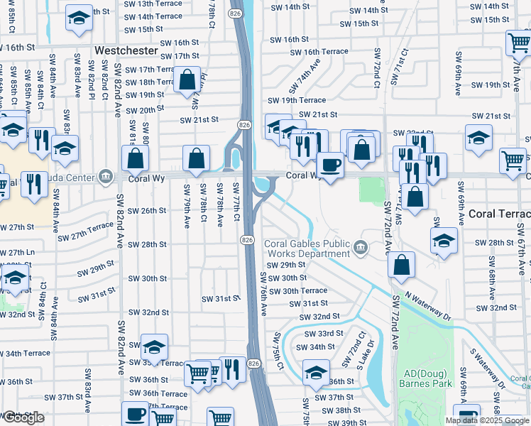 map of restaurants, bars, coffee shops, grocery stores, and more near 7595 Southwest 28th Street Road in Miami