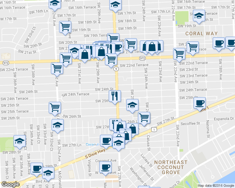 map of restaurants, bars, coffee shops, grocery stores, and more near 2441 Southwest 27th Avenue in Miami