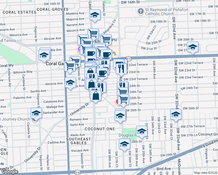 map of restaurants, bars, coffee shops, grocery stores, and more near 39 Palermo Avenue in Coral Gables