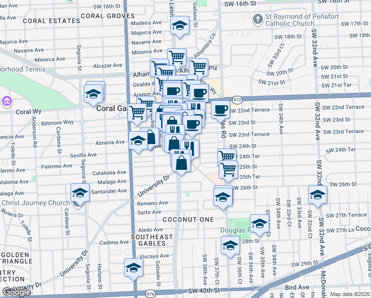 map of restaurants, bars, coffee shops, grocery stores, and more near 122 Sevilla Avenue in Coral Gables