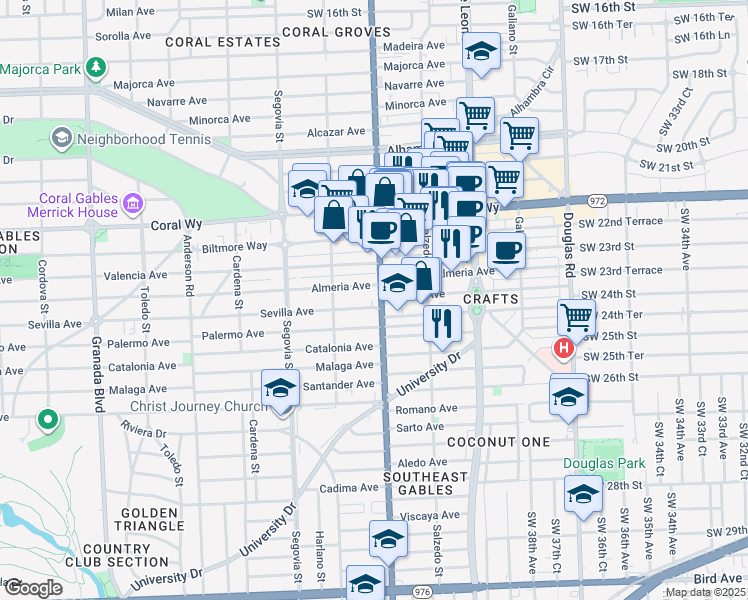 map of restaurants, bars, coffee shops, grocery stores, and more near 421 Sevilla Avenue in Coral Gables