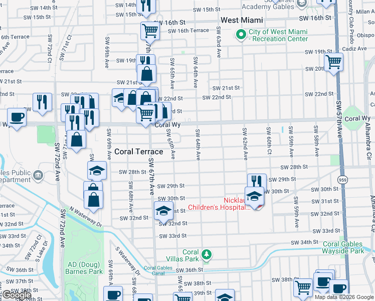 map of restaurants, bars, coffee shops, grocery stores, and more near in Coral Terrace
