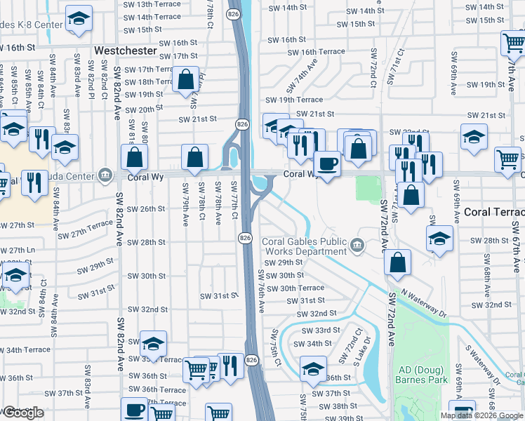 map of restaurants, bars, coffee shops, grocery stores, and more near 7595 Southwest 28th Street Road in Miami