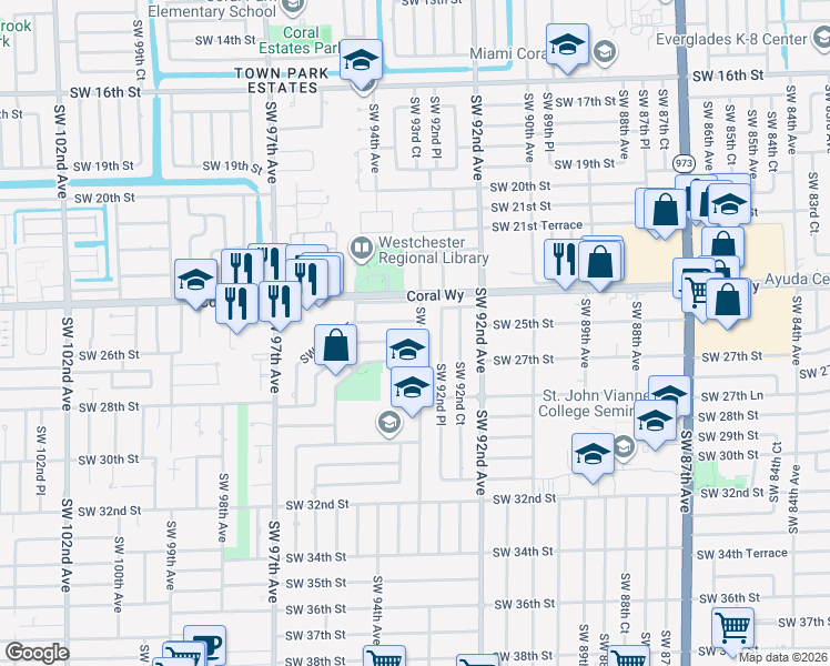 map of restaurants, bars, coffee shops, grocery stores, and more near 2511 Southwest 93rd Court in Miami