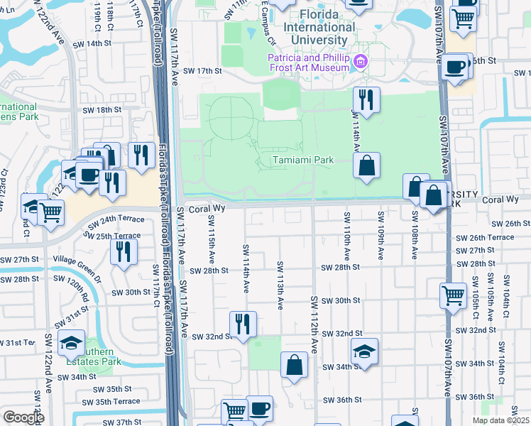 map of restaurants, bars, coffee shops, grocery stores, and more near 11300 Southwest 24th Terrace in Miami