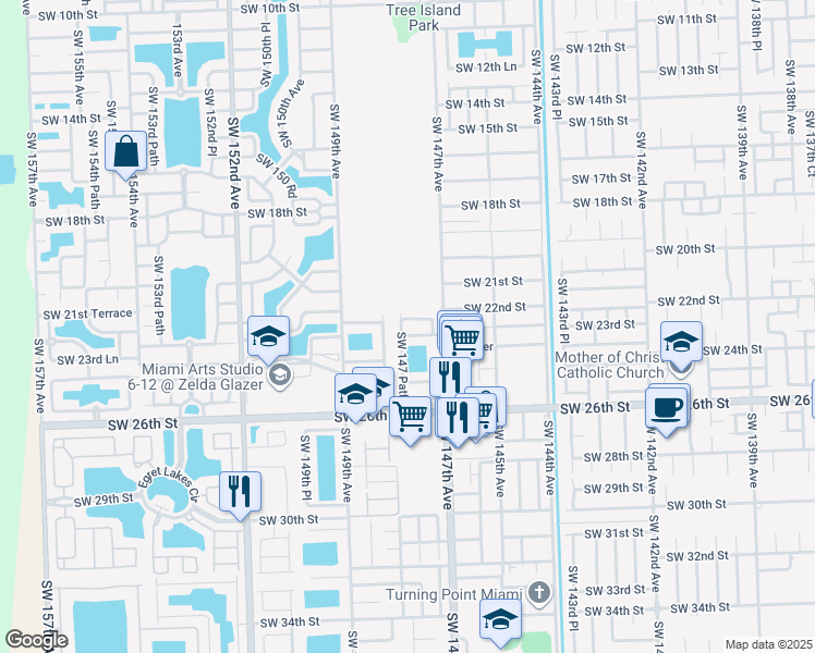 map of restaurants, bars, coffee shops, grocery stores, and more near 2249 Southwest 148th Court in Miami