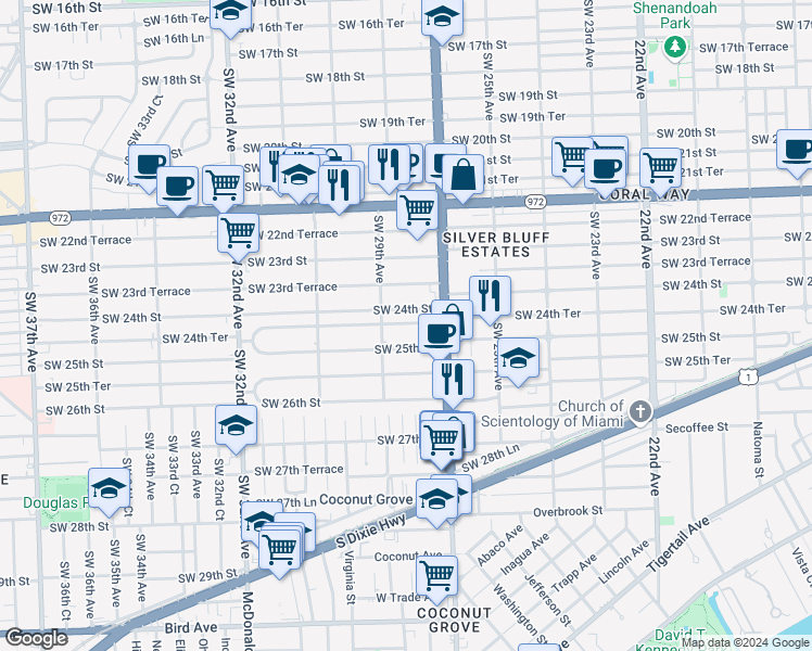 map of restaurants, bars, coffee shops, grocery stores, and more near 2808 Southwest 24th Terrace in Miami