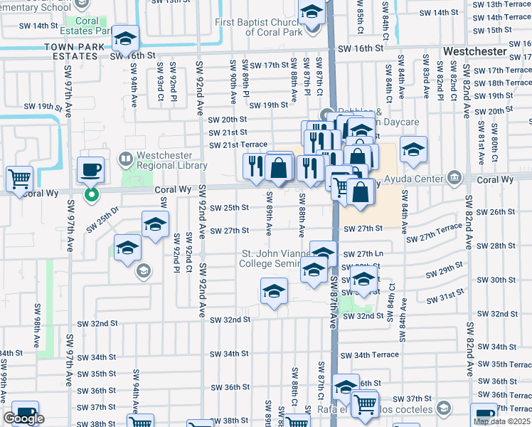 map of restaurants, bars, coffee shops, grocery stores, and more near 2500 Southwest 89th Avenue in Miami