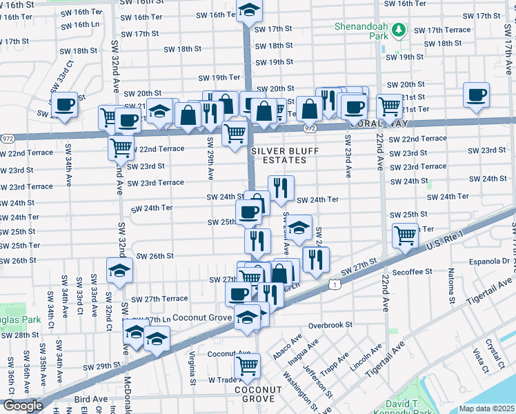map of restaurants, bars, coffee shops, grocery stores, and more near 2455 Southwest 27th Avenue in Miami