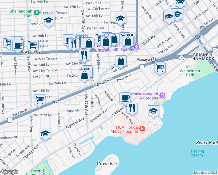 map of restaurants, bars, coffee shops, grocery stores, and more near 166 Shore Drive South in Miami