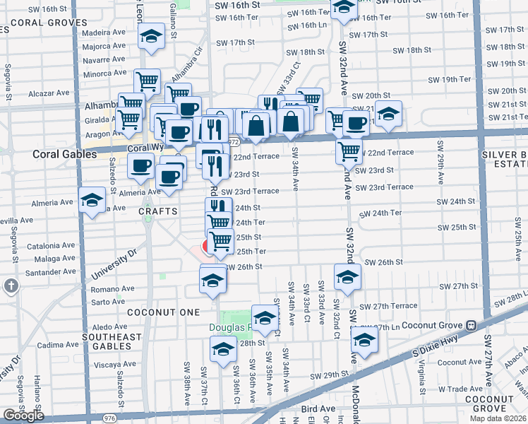 map of restaurants, bars, coffee shops, grocery stores, and more near 3546 Southwest 24th Street in Miami