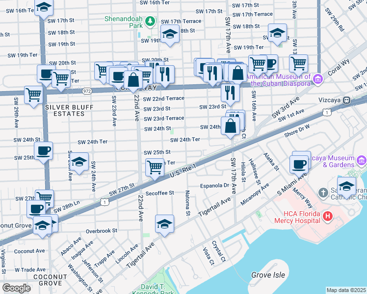 map of restaurants, bars, coffee shops, grocery stores, and more near 2440 Southwest 19th Avenue in Miami