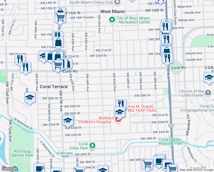 map of restaurants, bars, coffee shops, grocery stores, and more near 6256 SW 26th St in Miami