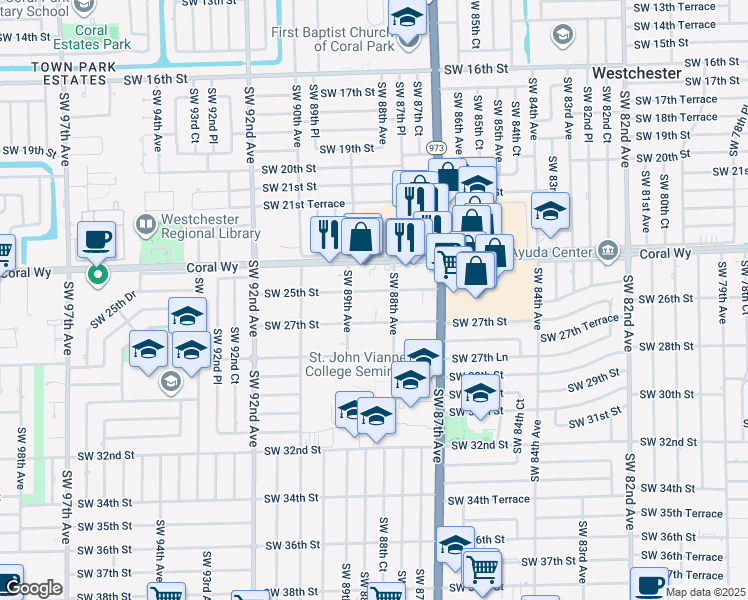 map of restaurants, bars, coffee shops, grocery stores, and more near 8838 SW 25th St in Miami