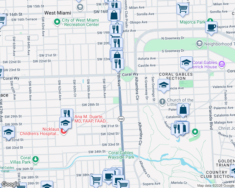 map of restaurants, bars, coffee shops, grocery stores, and more near 2616 Red Road in Miami