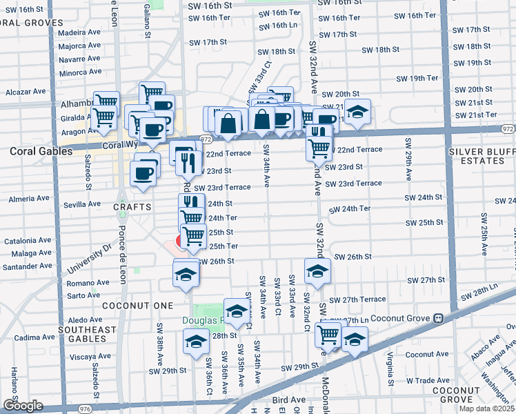 map of restaurants, bars, coffee shops, grocery stores, and more near 3430 Southwest 24th Street in Miami