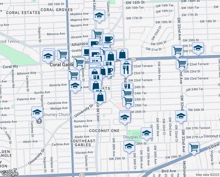 map of restaurants, bars, coffee shops, grocery stores, and more near 2820 Galiano Street in Coral Gables