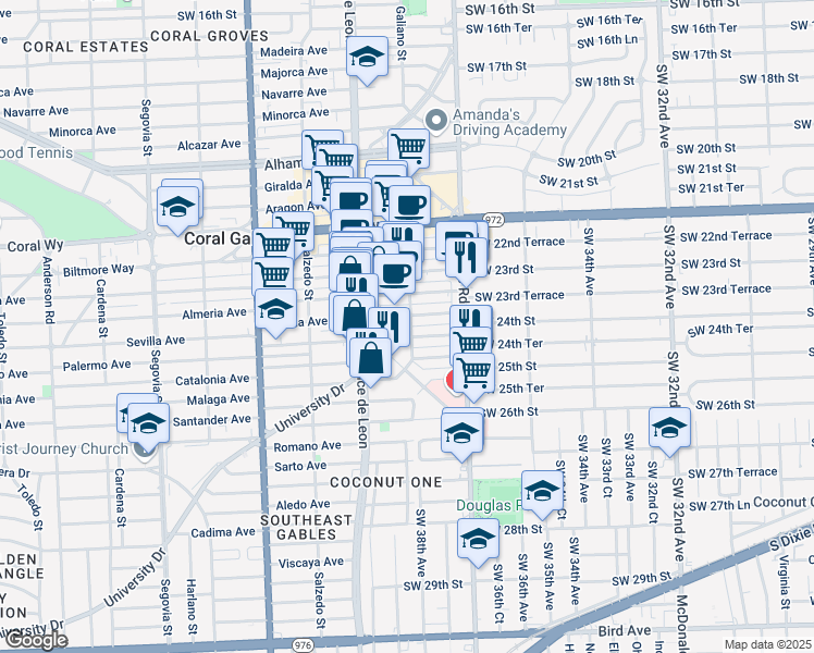 map of restaurants, bars, coffee shops, grocery stores, and more near 2820 Galiano Street in Coral Gables