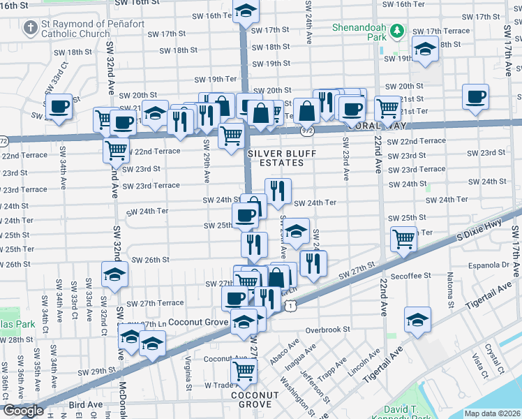 map of restaurants, bars, coffee shops, grocery stores, and more near 2455 Southwest 27th Avenue in Miami