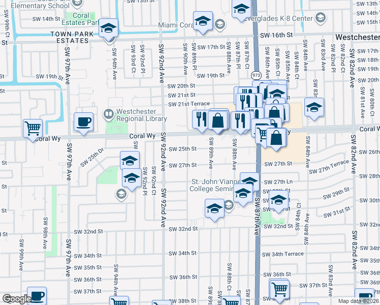 map of restaurants, bars, coffee shops, grocery stores, and more near 2601 Southwest 90th Avenue in Miami