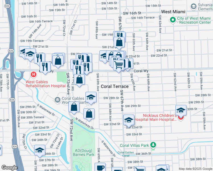 map of restaurants, bars, coffee shops, grocery stores, and more near 2600 Southwest 68th Avenue in Miami