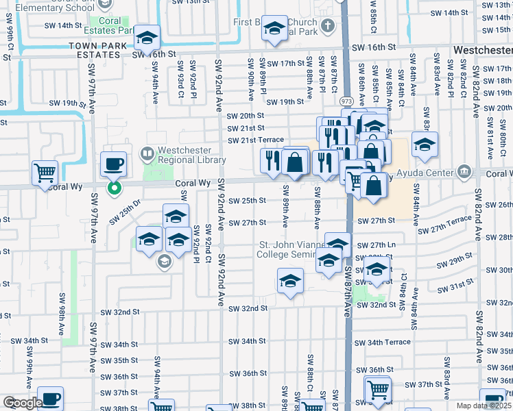 map of restaurants, bars, coffee shops, grocery stores, and more near 2601 Southwest 90th Avenue in Miami