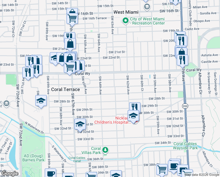 map of restaurants, bars, coffee shops, grocery stores, and more near 6330 Southwest 26th Street in Miami