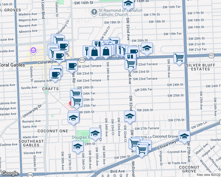 map of restaurants, bars, coffee shops, grocery stores, and more near 3334 Southwest 24th Street in Miami