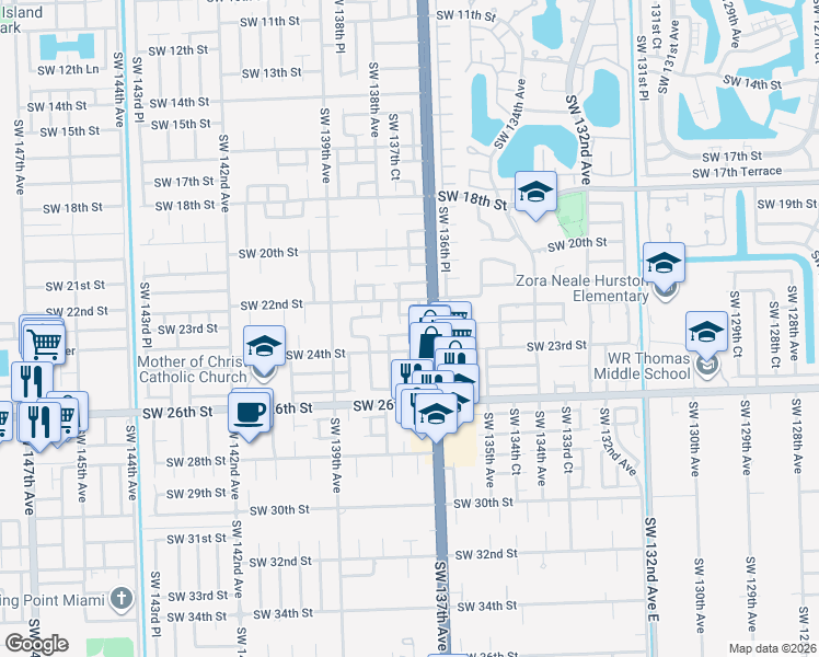 map of restaurants, bars, coffee shops, grocery stores, and more near 13783 Southwest 23rd Terrace in Miami