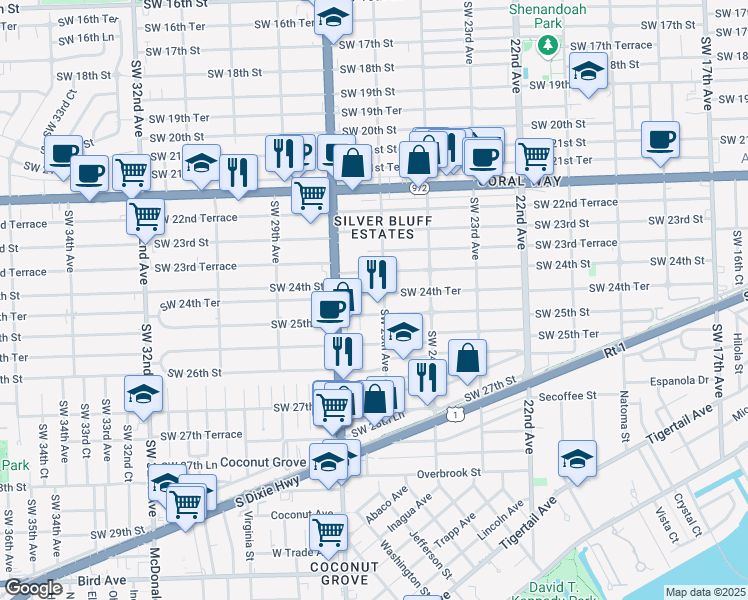 map of restaurants, bars, coffee shops, grocery stores, and more near 2520 Southwest 24th Terrace in Miami
