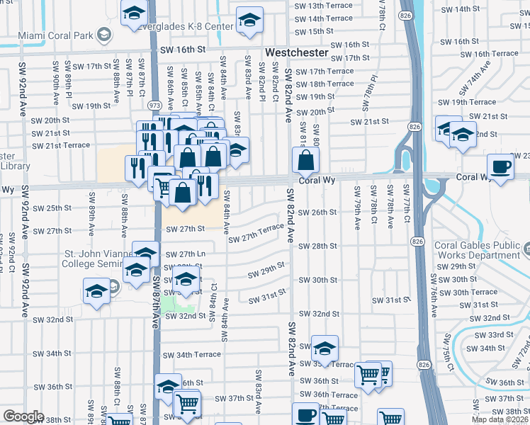 map of restaurants, bars, coffee shops, grocery stores, and more near 8271 Southwest 27th Street in Miami