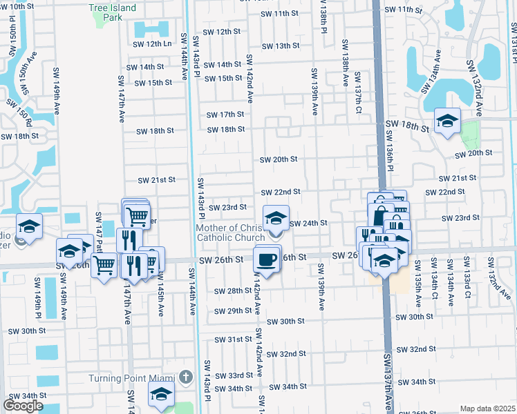map of restaurants, bars, coffee shops, grocery stores, and more near 2293 SW 142nd Ave in Miami