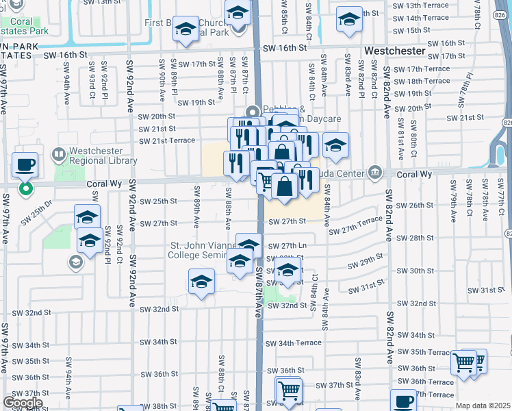 map of restaurants, bars, coffee shops, grocery stores, and more near 2510 Southwest 87th Avenue in Miami