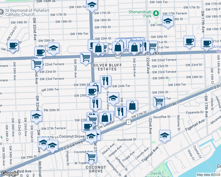 map of restaurants, bars, coffee shops, grocery stores, and more near 2446 Southwest 24th Terrace in Miami