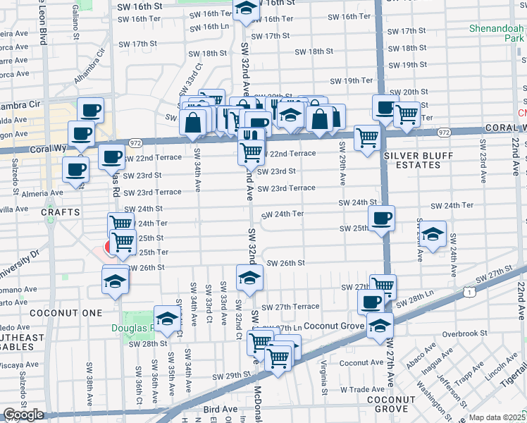 map of restaurants, bars, coffee shops, grocery stores, and more near 3183 Southwest 24th Terrace in Miami
