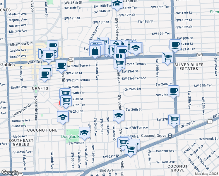 map of restaurants, bars, coffee shops, grocery stores, and more near 3234 Southwest 24th Street in Miami