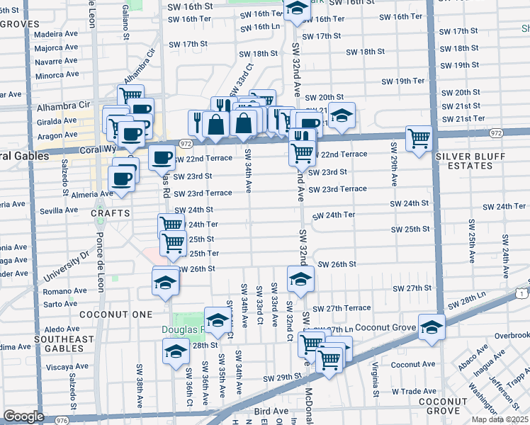 map of restaurants, bars, coffee shops, grocery stores, and more near 3334 Southwest 24th Street in Miami