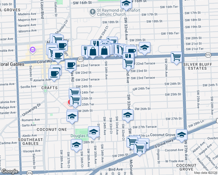 map of restaurants, bars, coffee shops, grocery stores, and more near 3334 Southwest 24th Street in Miami