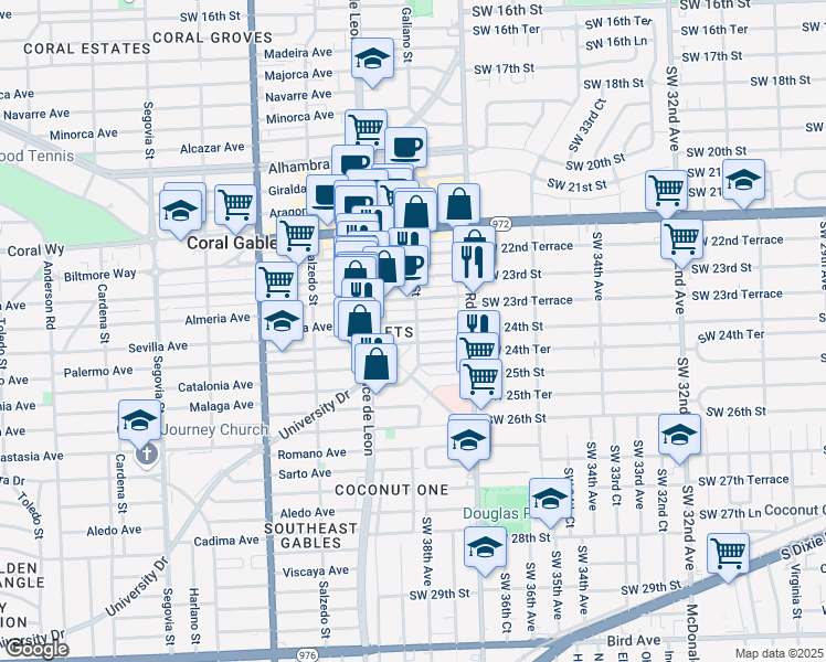 map of restaurants, bars, coffee shops, grocery stores, and more near 39 Palermo Avenue in Coral Gables