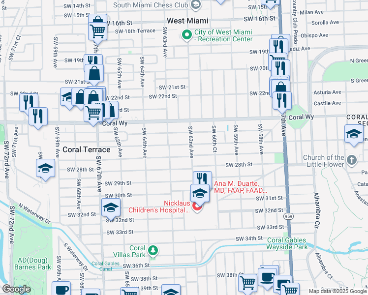 map of restaurants, bars, coffee shops, grocery stores, and more near 6256 Southwest 26th Street in Miami