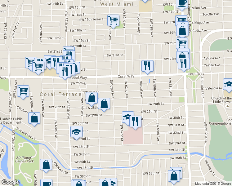 map of restaurants, bars, coffee shops, grocery stores, and more near 6256 Southwest 26th Street in Miami