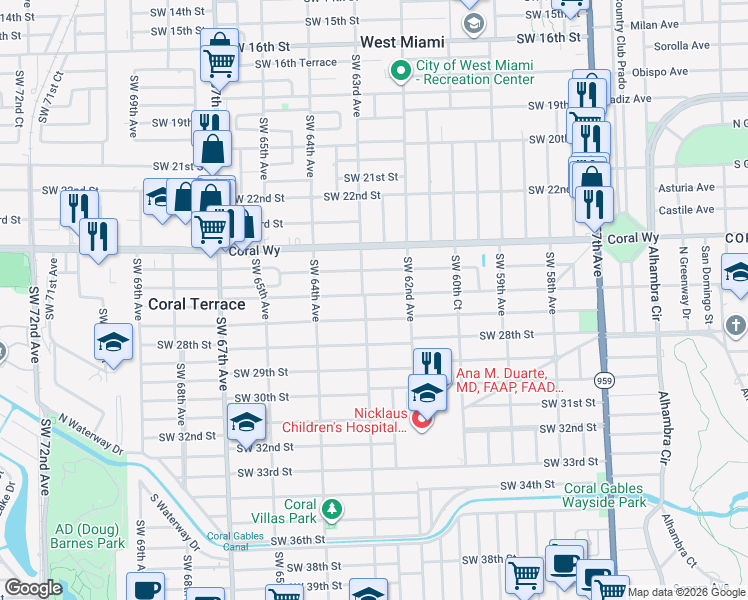 map of restaurants, bars, coffee shops, grocery stores, and more near 6256 Southwest 26th Street in Miami